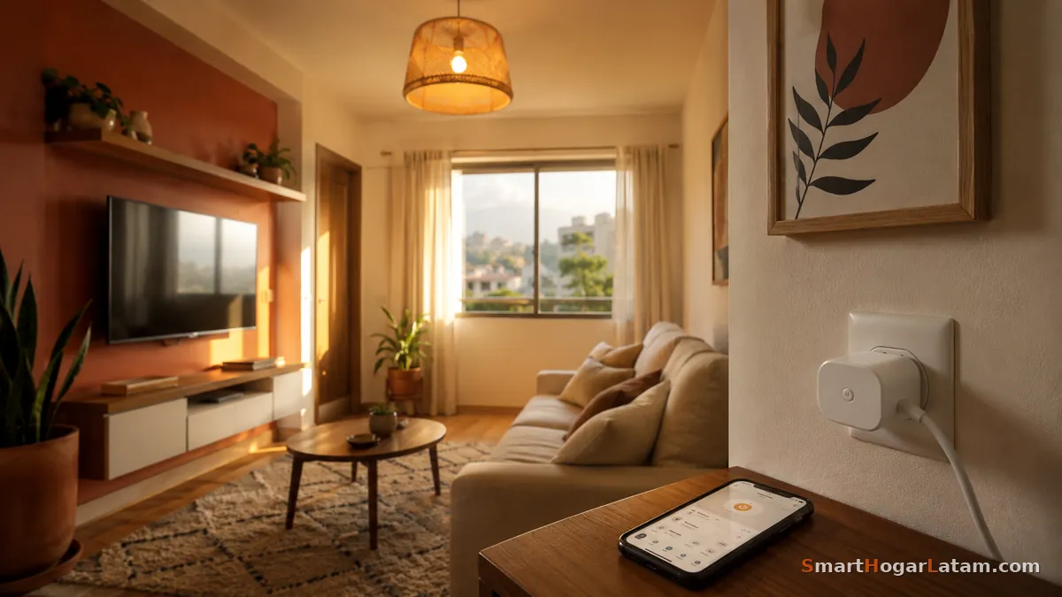 Sala de estar latinoamericana cálida con un enchufe inteligente, una TV y la app de domótica en el celular