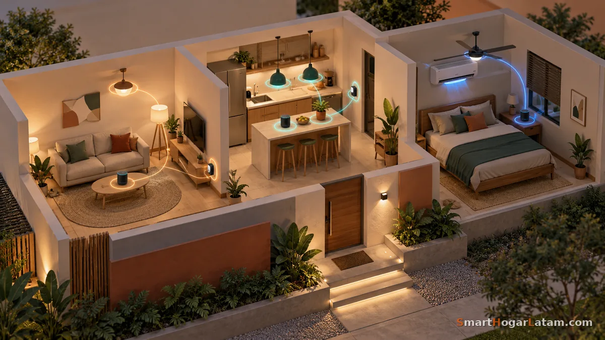 Casa en corte al atardecer con varios altavoces Echo conectados por líneas de luz a las lámparas de la sala, la cocina y el aire acondicionado de la recámara, mostrando el control por voz en toda la casa