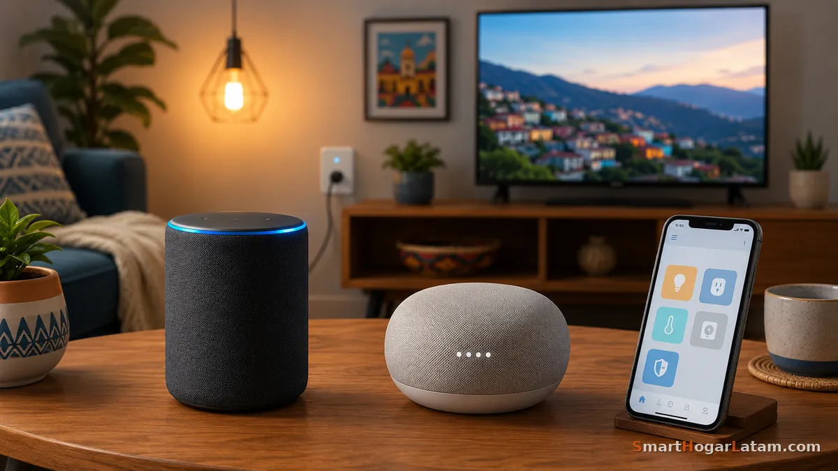 Un Amazon Echo y un Google Nest Mini juntos sobre una mesa, controlados desde el celular