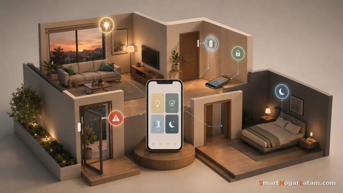Casa inteligente en corte isométrico con un celular al centro e íconos de automatización —luz, sensor de puerta, candado, modo noche— conectados a cada cuarto