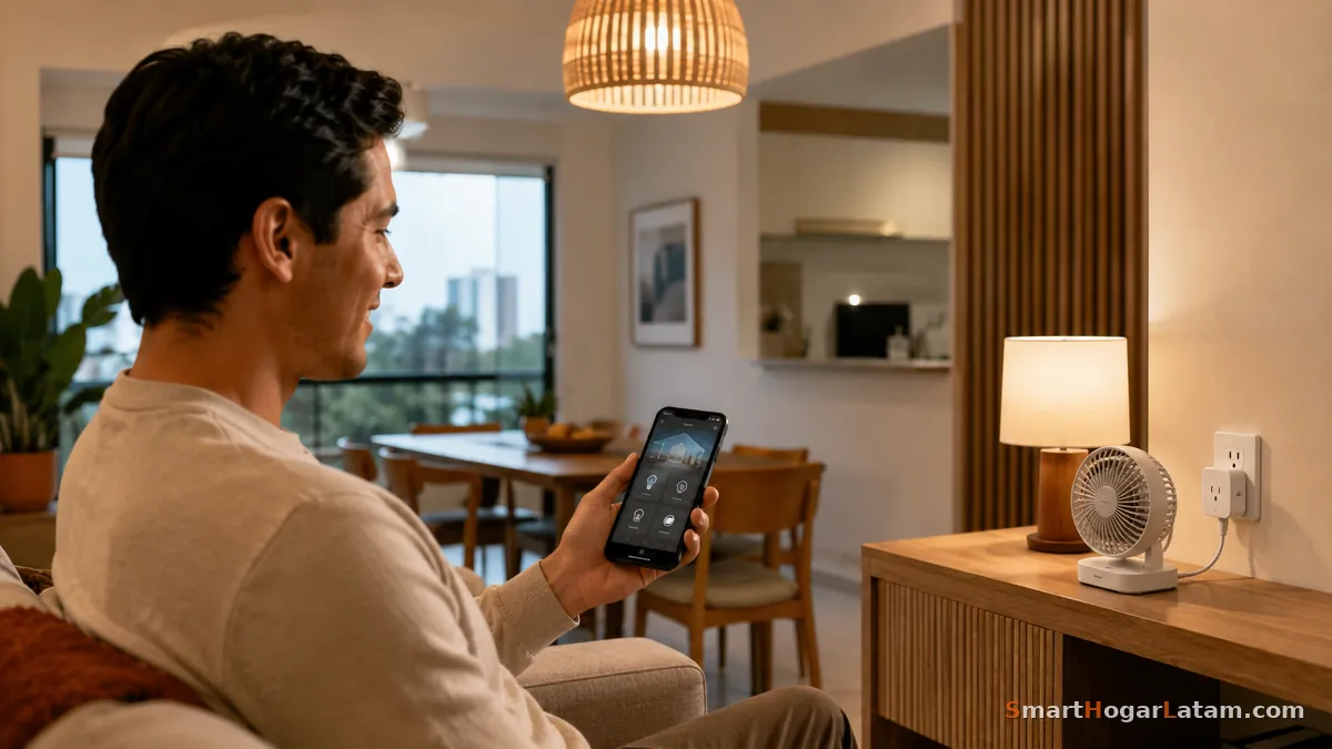 Kit de inicio domótica con presupuesto bajo: enchufe y foco inteligente sobre mesa con teléfono