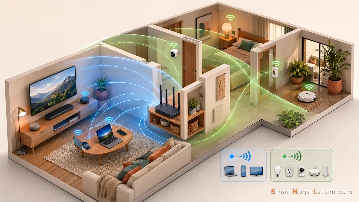 Corte isométrico de una casa mostrando la cobertura WiFi por zonas: en azul, laptop, celular y smart TV conectados a 5 GHz cerca del router; en verde, foco, enchufe, cámara, robot aspirador y sensor de puerta conectados a 2.4 GHz llegando a cuartos más lejanos