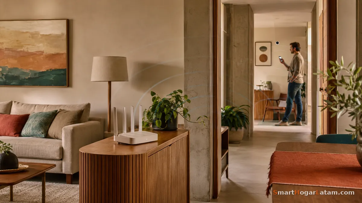 Router bien ubicado sobre un mueble en la sala con ondas de señal WiFi extendiéndose, mientras al fondo una persona usa su celular en otra habitación conectada a una cámara
