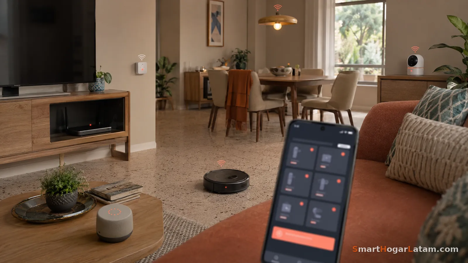 Sala con varios dispositivos inteligentes conectados — TV, router, bocina, robot aspirador y cámara — mostrando el ícono de WiFi sobre cada uno, junto a un celular con la app de control