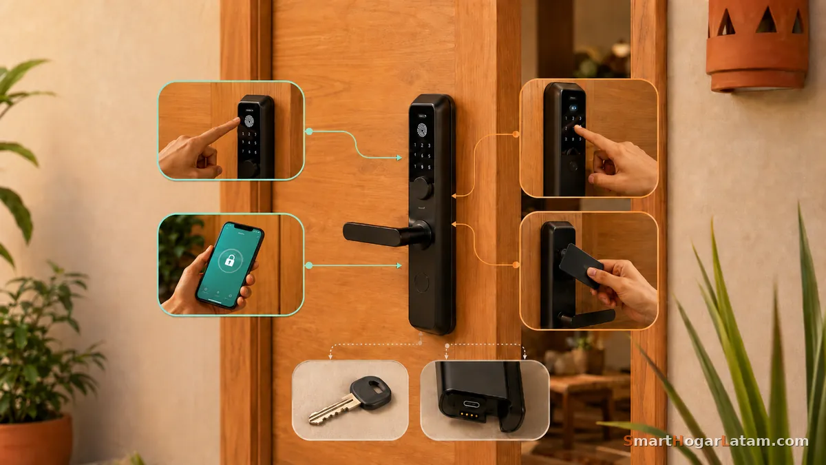 Diagrama de una cerradura inteligente mostrando sus métodos de acceso: huella digital, app en el celular, reconocimiento por PIN, tarjeta NFC, llave física de respaldo y batería externa de emergencia con USB-C