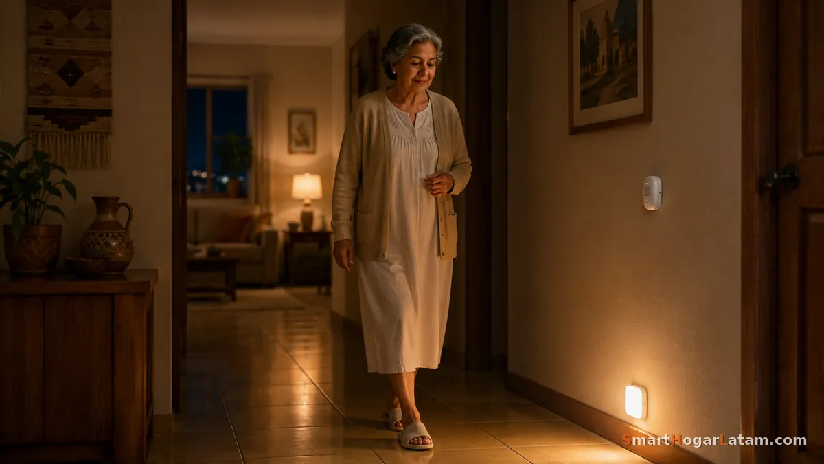 Adulta mayor caminando de noche por pasillo con luz automática encendida en el piso