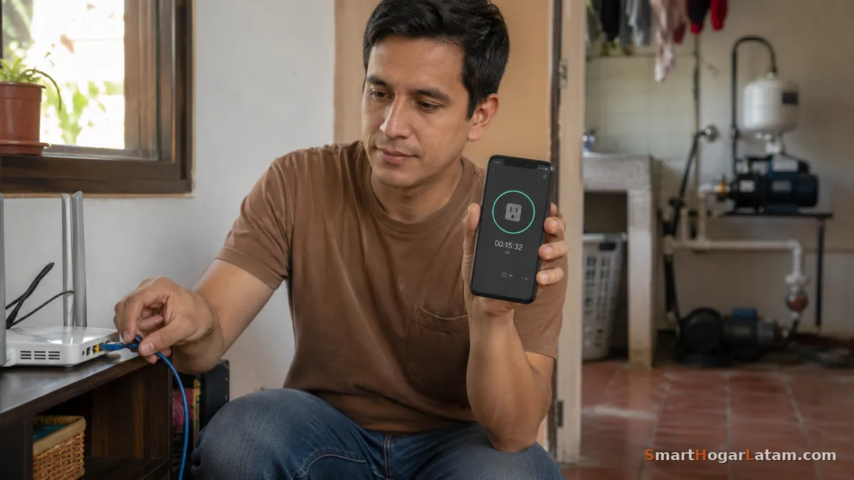 Hombre desconectando el cable del router mientras revisa en su celular el temporizador de un enchufe inteligente, con una bomba de agua visible al fondo