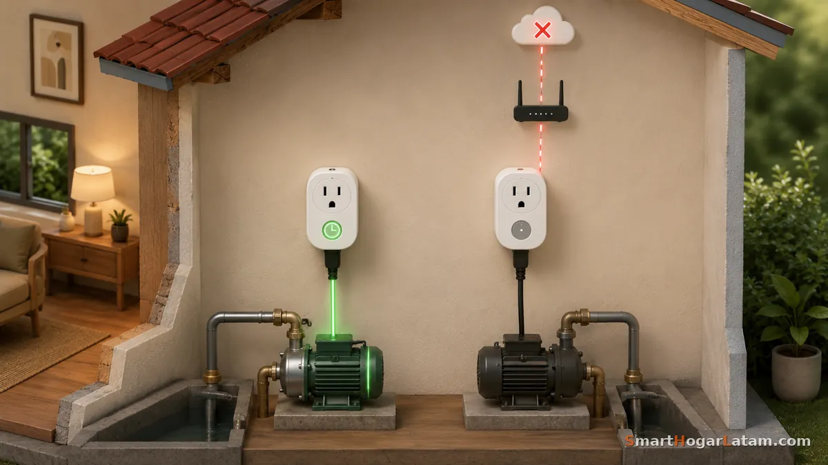 Dos bombas de agua idénticas, cada una con su enchufe inteligente: la de la izquierda con horario local sigue encendida con luz verde; la de la derecha depende de la nube, marcada con una X roja, y está apagada