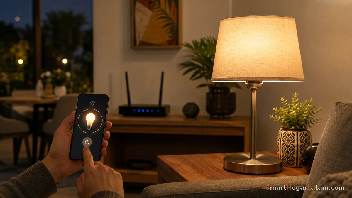 Foco inteligente encendido controlado desde teléfono en sala con luz cálida nocturna