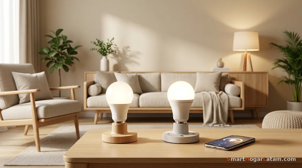 Dos focos inteligentes encendidos sobre una mesa de centro en una sala cálida, con el celular al lado mostrando la app de control
