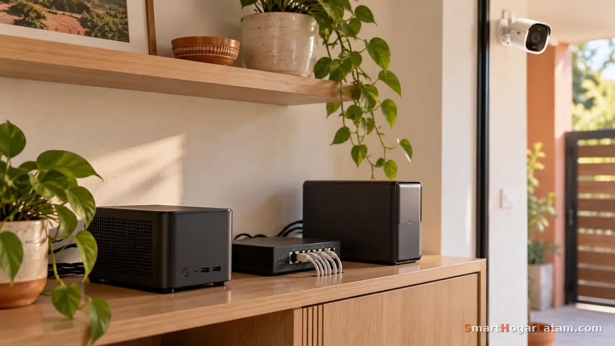 Mini PC, switch de red y disco de grabación sobre un mueble de madera, con una cámara de seguridad visible en la entrada de la casa