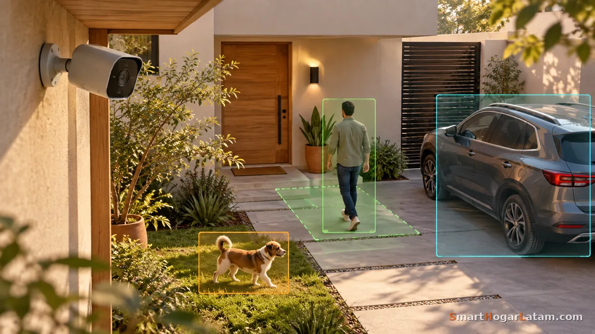 Cámara de seguridad en la fachada de una casa detectando con recuadros de colores a una persona caminando, un perro en el jardín y un auto estacionado