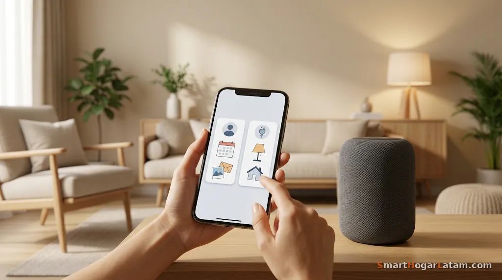 Manos sosteniendo un celular con la app de control mostrando accesos a cuenta, calendario, fotos y dispositivos, junto a un altavoz inteligente en la sala