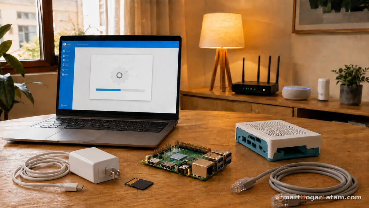 Raspberry Pi 5 con Home Assistant corriendo en pantalla, en una mesa junto a un router — ilustración estilo acuarela digital