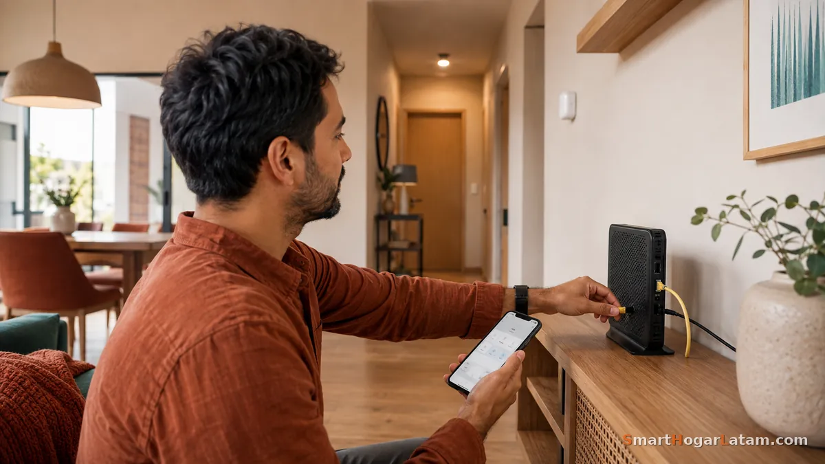 Hombre desconectando el cable de un módem mientras revisa la app de su casa inteligente en el celular