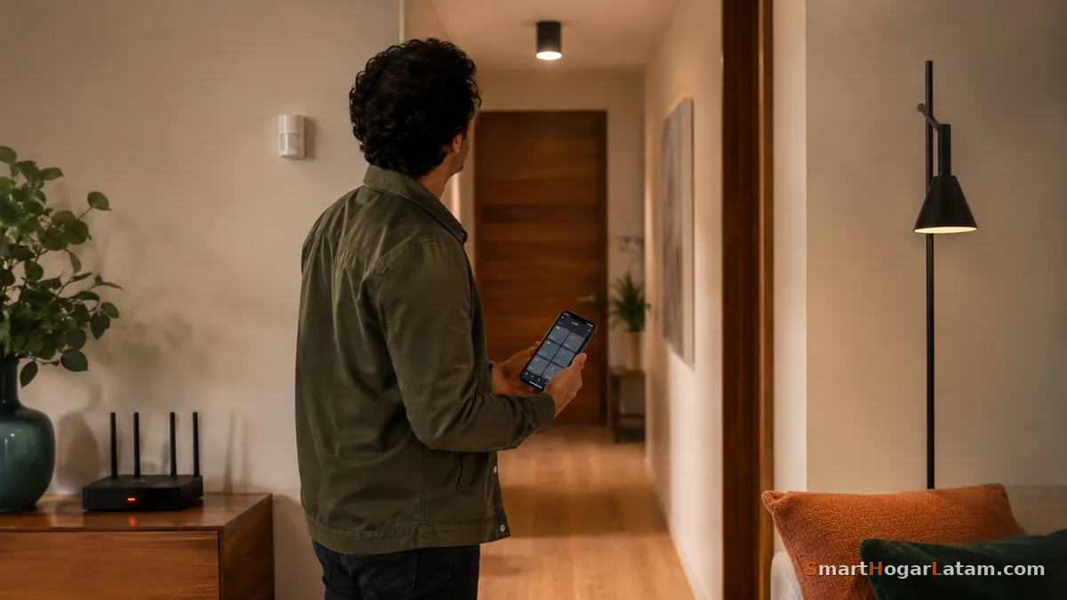 Hombre controlando las luces de su casa desde el celular en un pasillo, con el router encendido sobre el mueble