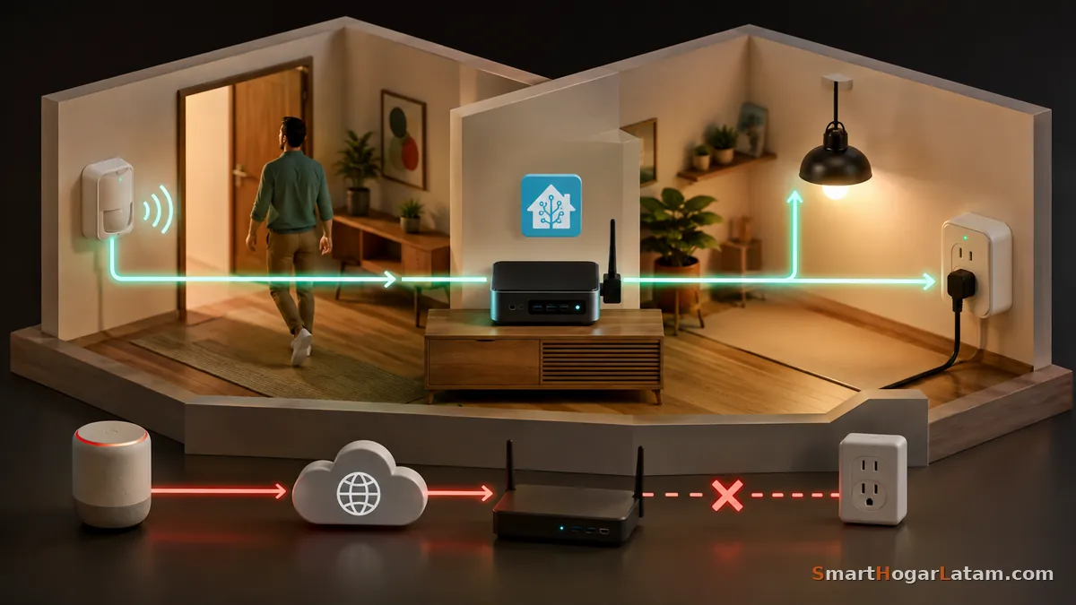 Diagrama de una casa dividida en dos escenas: a la izquierda un sensor de movimiento, Home Assistant y un foco conectados por una ruta local que funciona; a la derecha un asistente de voz que intenta llegar a un enchufe pasando por la nube, con la ruta cortada