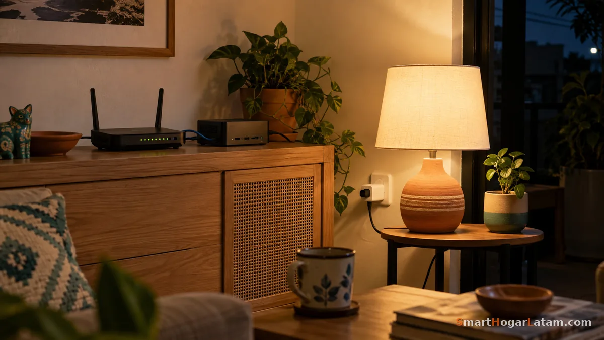 Close-up de un router y un mini hub de Home Assistant sobre un mueble de sala, con un enchufe inteligente conectado a la lámpara de la mesa de al lado
