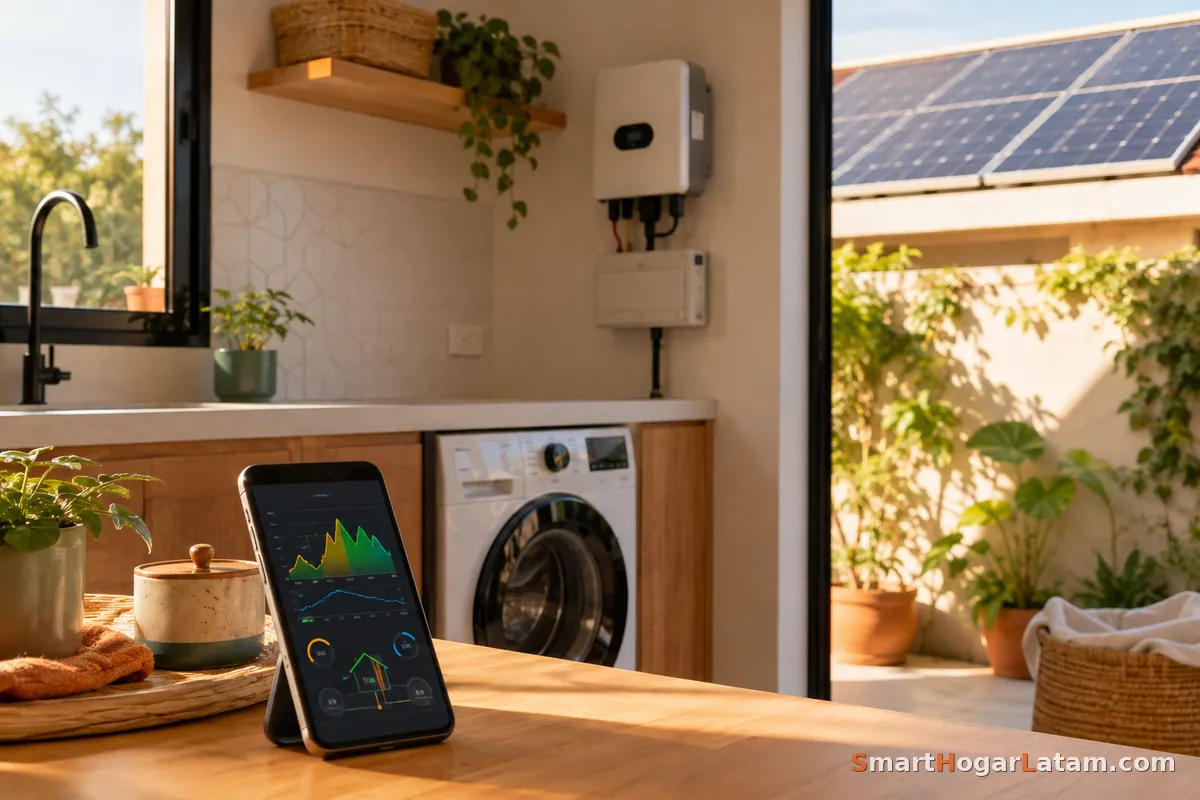 Tablet mostrando una gráfica de consumo eléctrico sobre una mesa de cocina, con el inversor solar y los paneles visibles al fondo