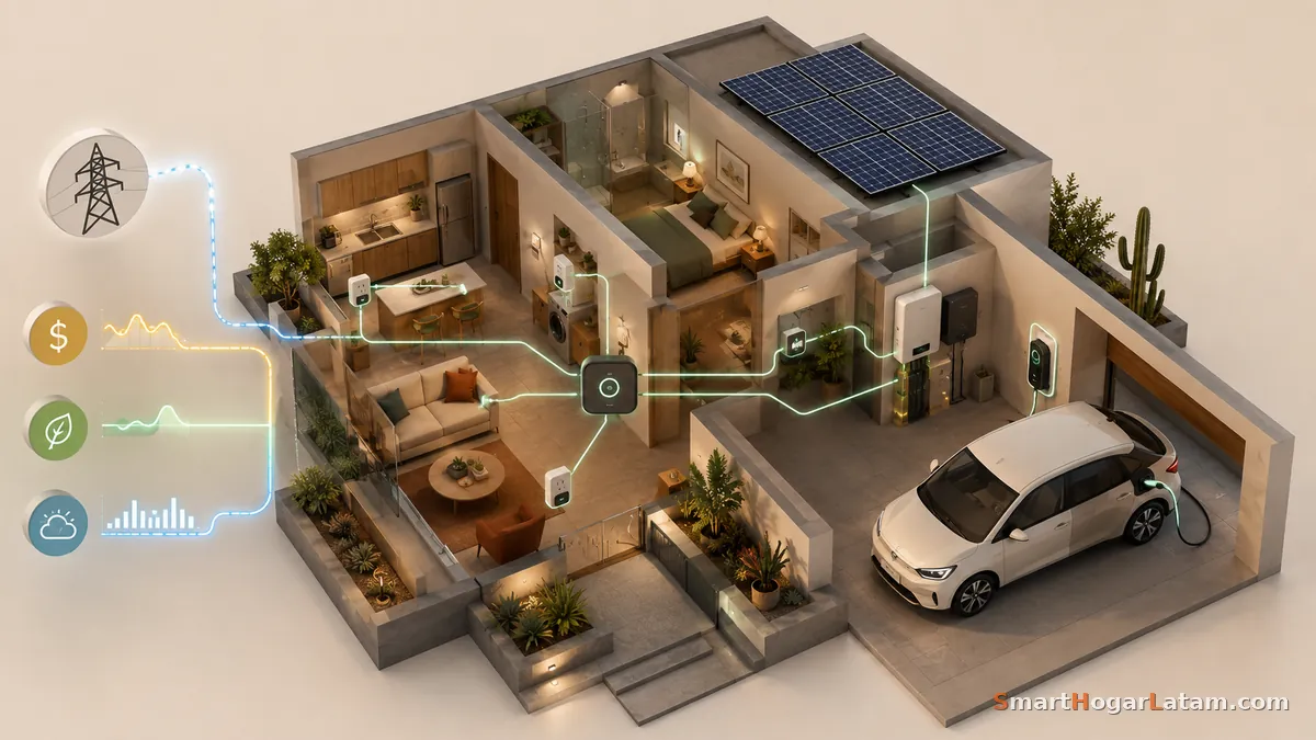 Diagrama isométrico de una casa mostrando el flujo de datos de Matter 1.5: precio, huella de carbono y clima llegando desde la red eléctrica, distribuidos a enchufes, electrodomésticos, paneles solares y un auto eléctrico con carga bidireccional