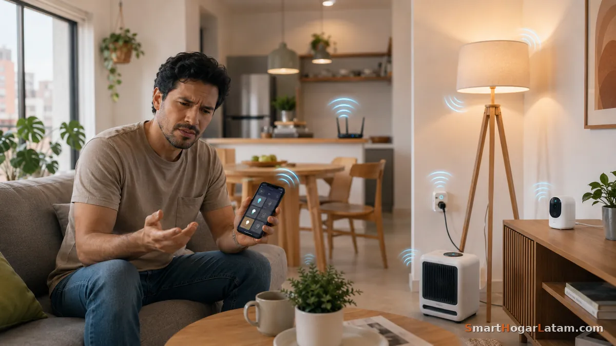 Persona confundida con teléfono rodeado de señales WiFi de múltiples dispositivos