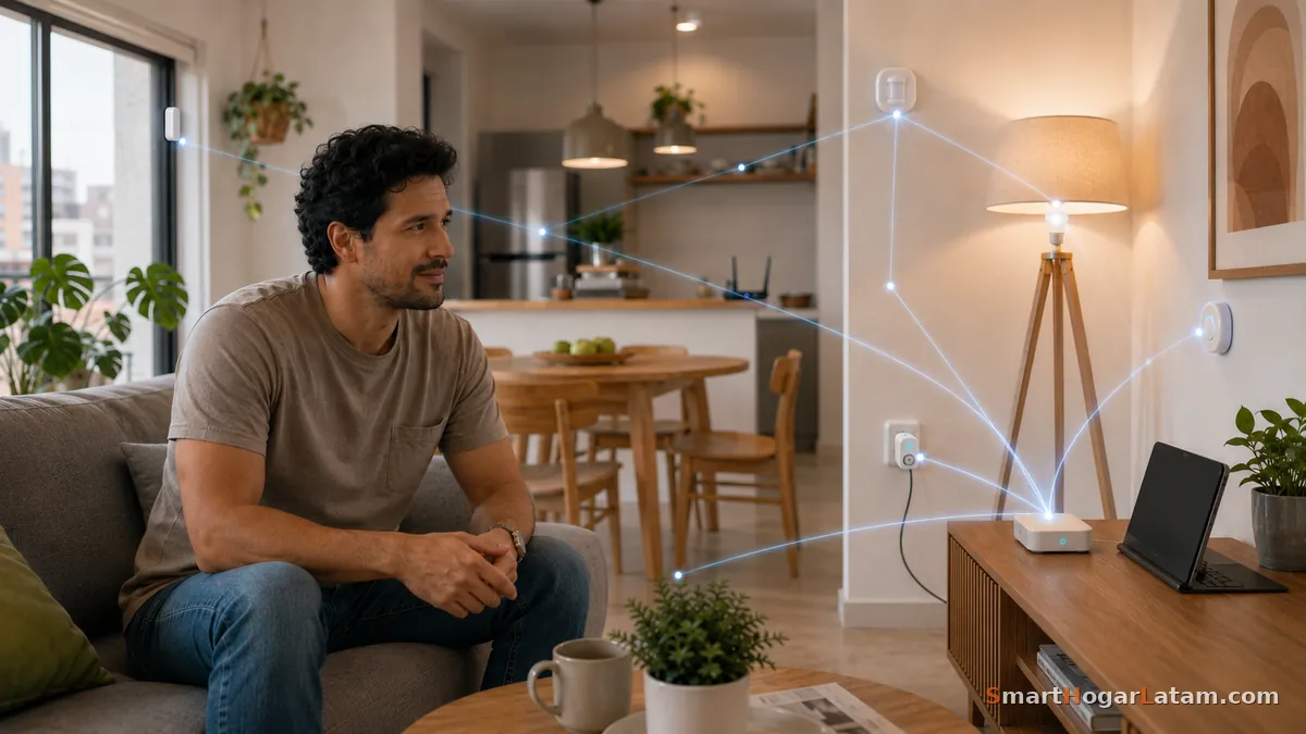 Persona en sala con red de dispositivos inteligentes conectados inalámbricamente