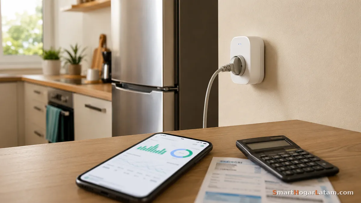 App de un enchufe inteligente mostrando el consumo en watts de un refrigerador, junto a una calculadora — ilustración estilo acuarela digital