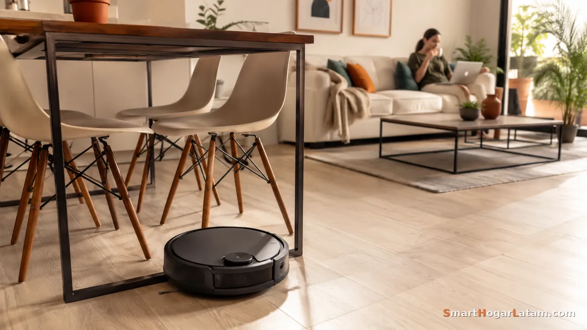 Aspiradora robot limpiando bajo una mesa de comedor mientras una persona descansa en el sofá al fondo