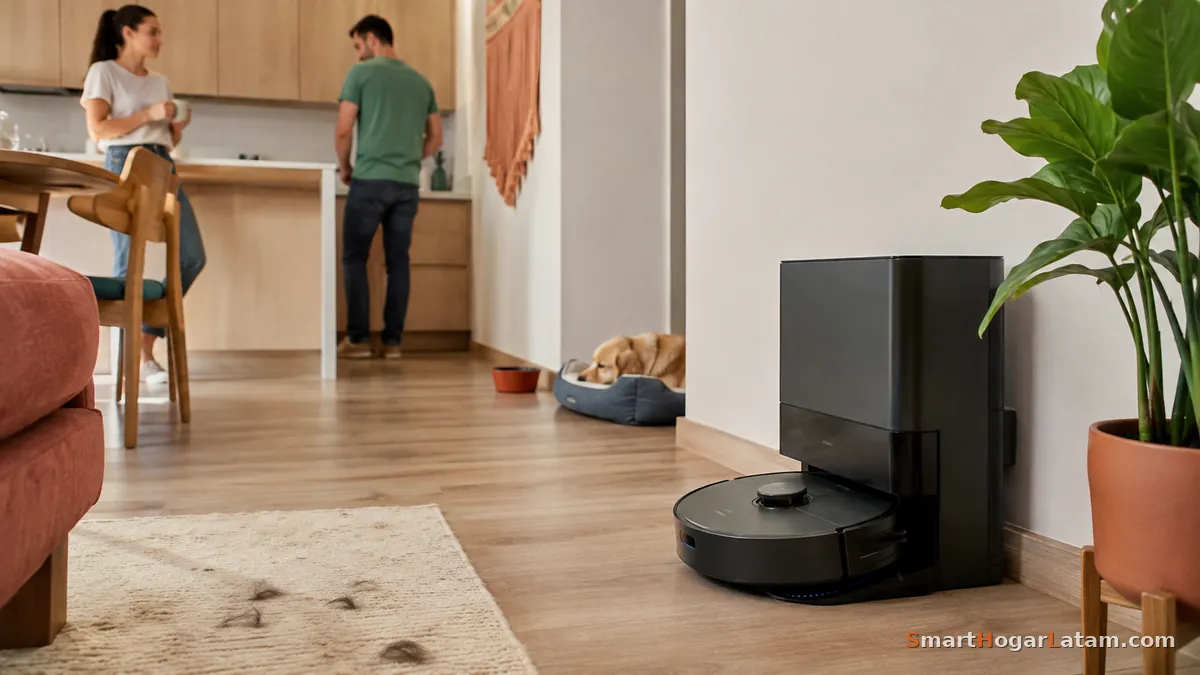 Aspiradora robot con su estación de auto-vaciado junto a un perro descansando en la cocina