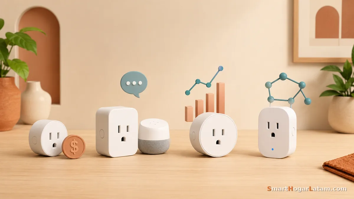 Dispositivos de hogar inteligente con íconos de funciones — control de consumo, voz y automatización