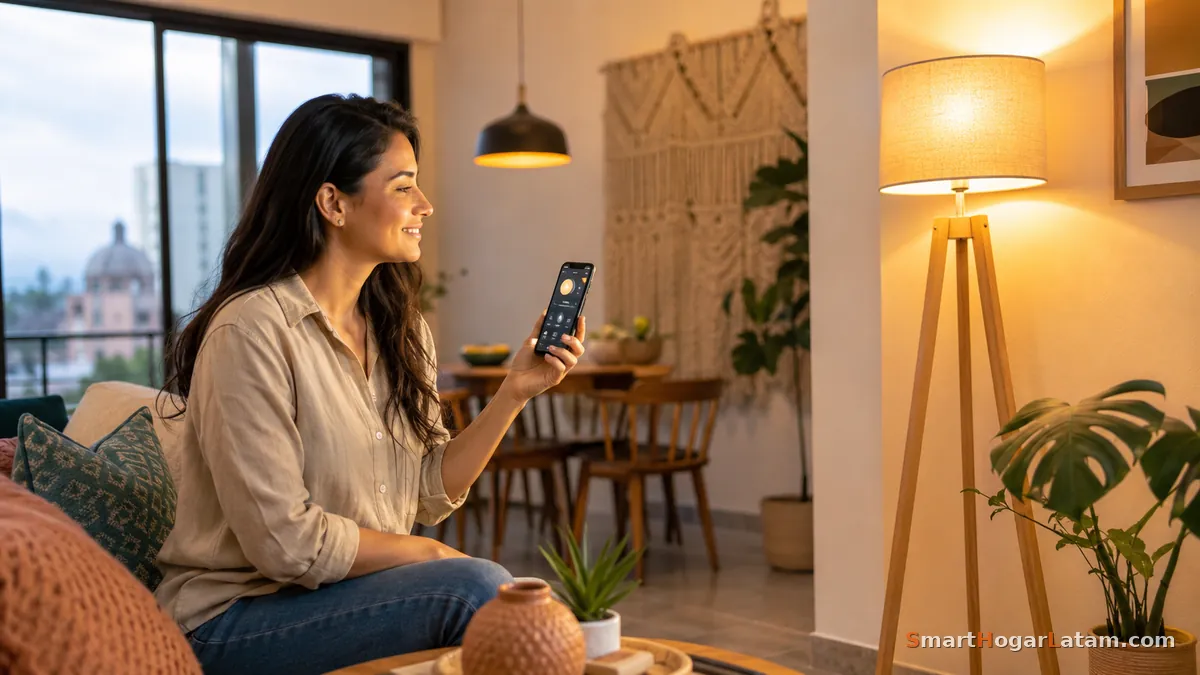 Mujer en sala controlando la iluminación inteligente de su hogar desde el teléfono