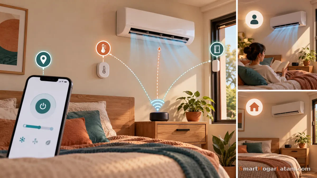 Recámara con minisplit conectado a un control infrarrojo WiFi, con íconos de ubicación, sensor de temperatura y sensor de ventana, y escenas del cuarto ocupado y vacío