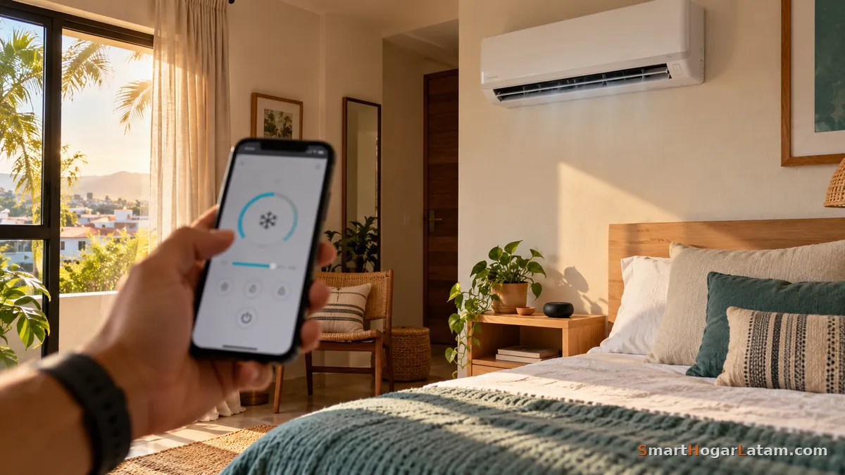 Mano sosteniendo un celular con la app de control del minisplit en una recámara iluminada por el sol de la tarde, con el aire acondicionado en la pared