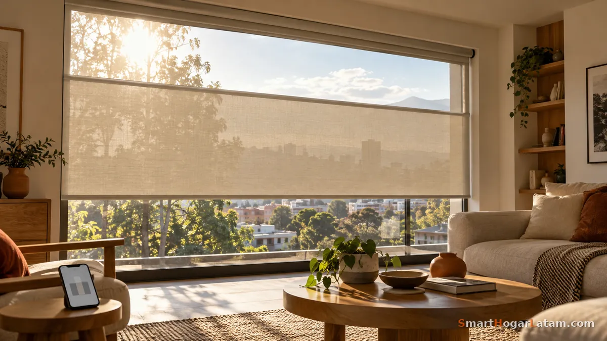 Sala con un ventanal grande y una persiana enrollable tipo screen a media altura que filtra el sol de la tarde, con un celular mostrando la app de control sobre una mesa