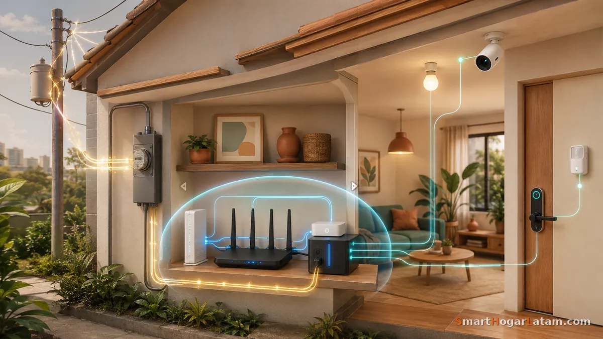Corte de la fachada de una casa mostrando el medidor de luz apagado mientras un UPS mantiene con corriente el módem, router y hub, con el flujo de energía llegando a un foco, una cámara y una cerradura inteligente