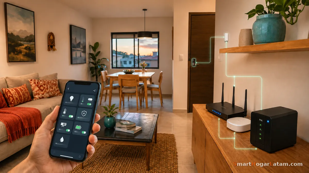 Persona controla su casa inteligente desde el celular en la sala, mientras el router, el hub y una batería de respaldo siguen encendidos en el mueble