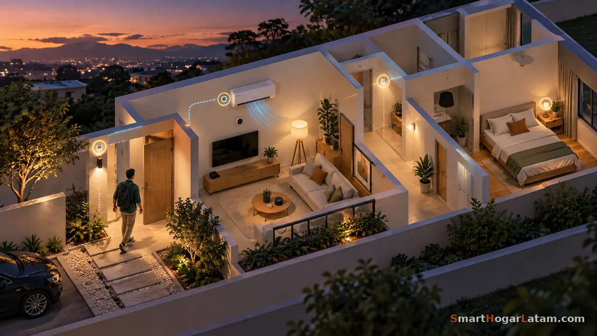 Casa en corte al atardecer: un hombre llega a la puerta y una cadena de luz conecta la entrada, el aire acondicionado, la sala y la recámara, todo encendiéndose en secuencia como una rutina automática