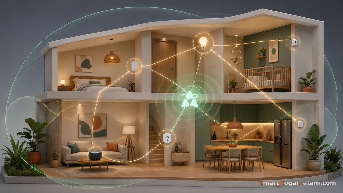 Casa en corte mostrando la malla Thread: sensores, focos y enchufes conectados entre sí y hacia un Border Router central en la cocina