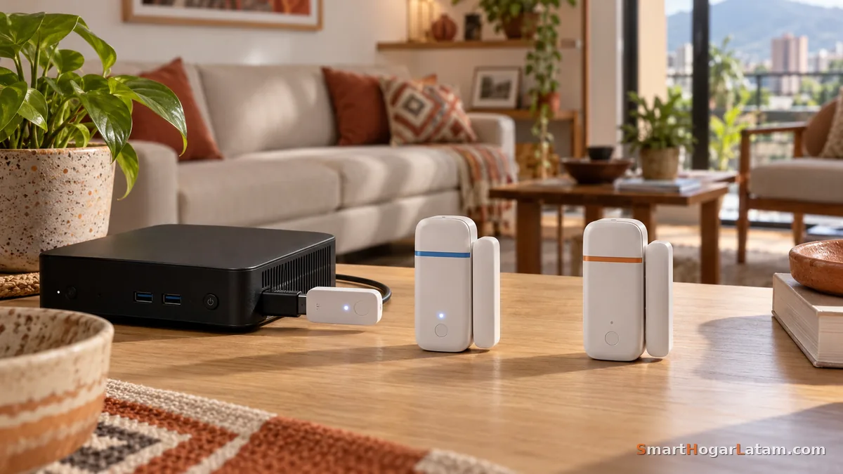 Mini PC con un dongle USB conectado en una mesa de centro, junto a dos sensores de puerta casi idénticos —uno con franja azul, otro con franja naranja— que en realidad son de protocolos distintos
